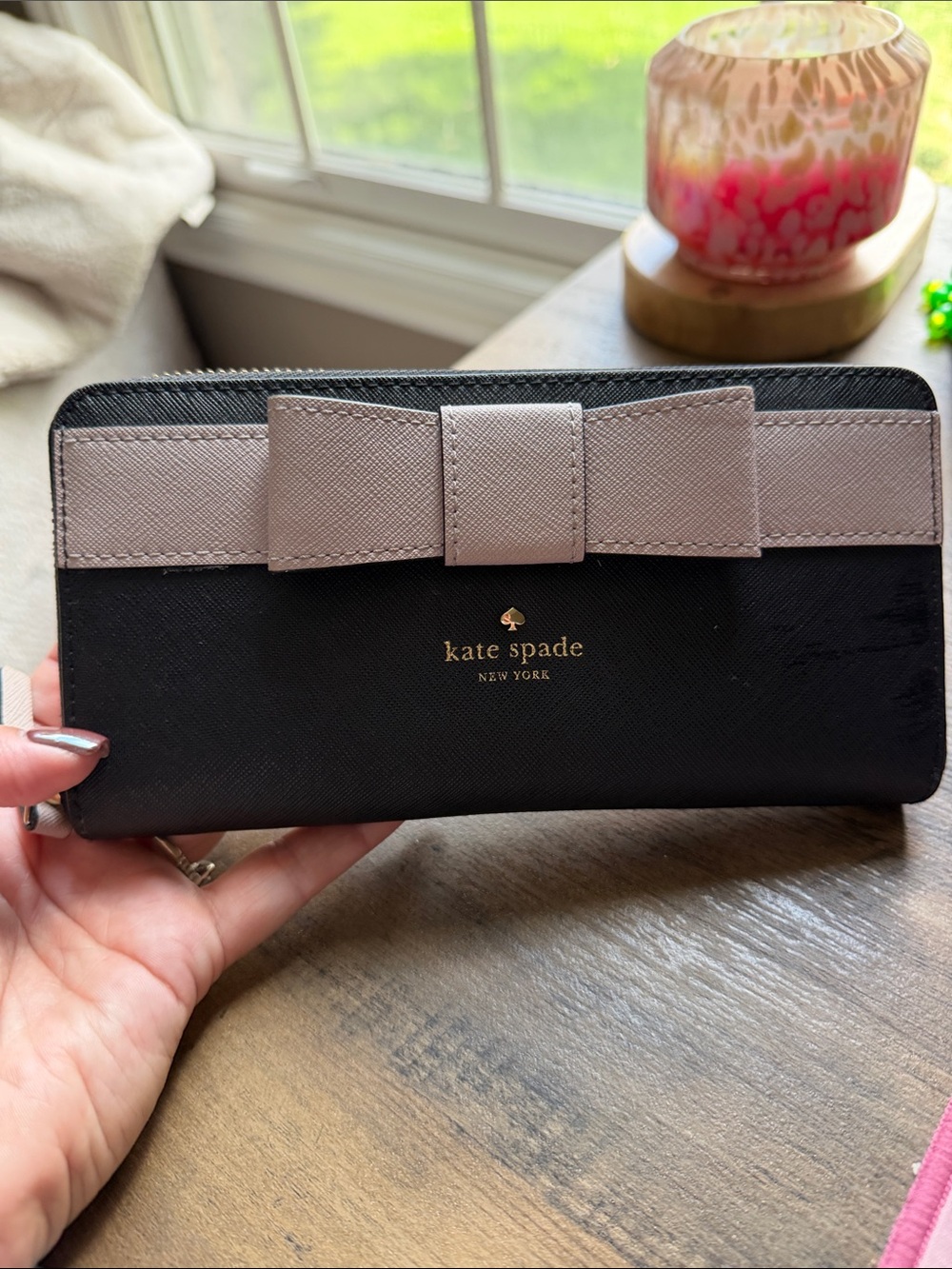 kate spade Black Wallet with Pinkish Taupe Bow Accent